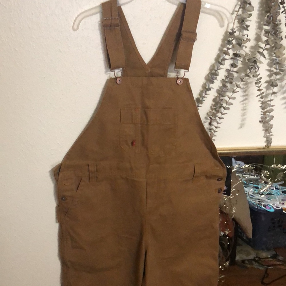size L women’s Dickies brown relaxed fit straight leg bib overalls